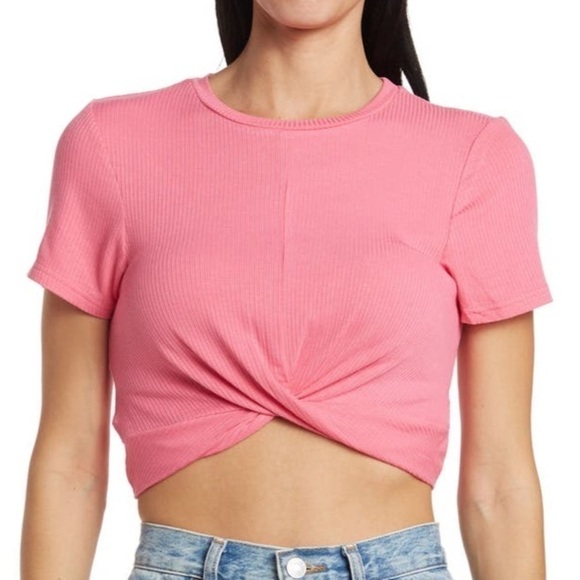 BCBGeneration Hot Pink Ribbed Cross Twist Front Crop T-Shirt Top - X Small, NWT - Picture 3 of 9